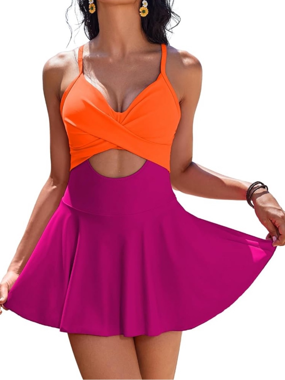 NWT Swimdress One Piece V-neck Tie Back Orange & Pink Skirt Dress Women's XL